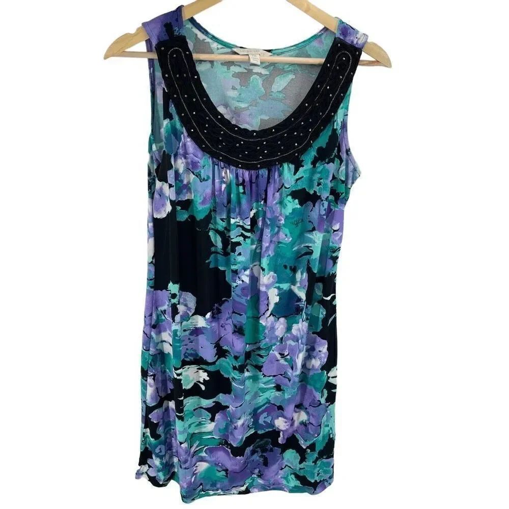 Laura Ashley Womens Shift Dress Floral Sleeveless PUrple Green Petite Medium